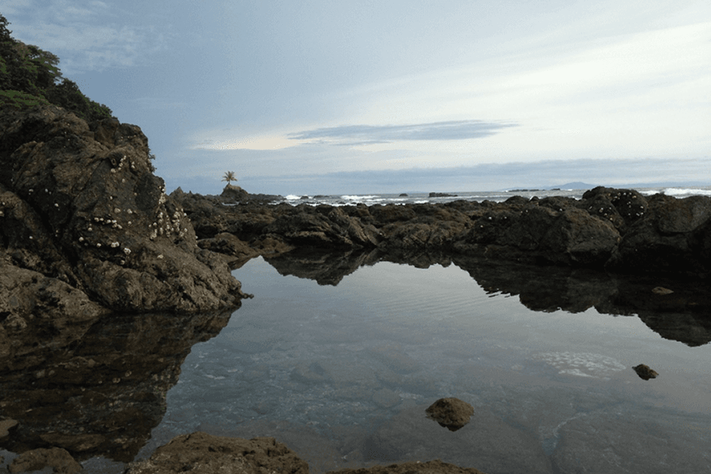 A rocky shoreline reflects a cloudy sky over tranquil waters.