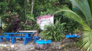 A rustic outdoor area with blue furniture, surrounded by tropical plants and a sign reading "ARCA."