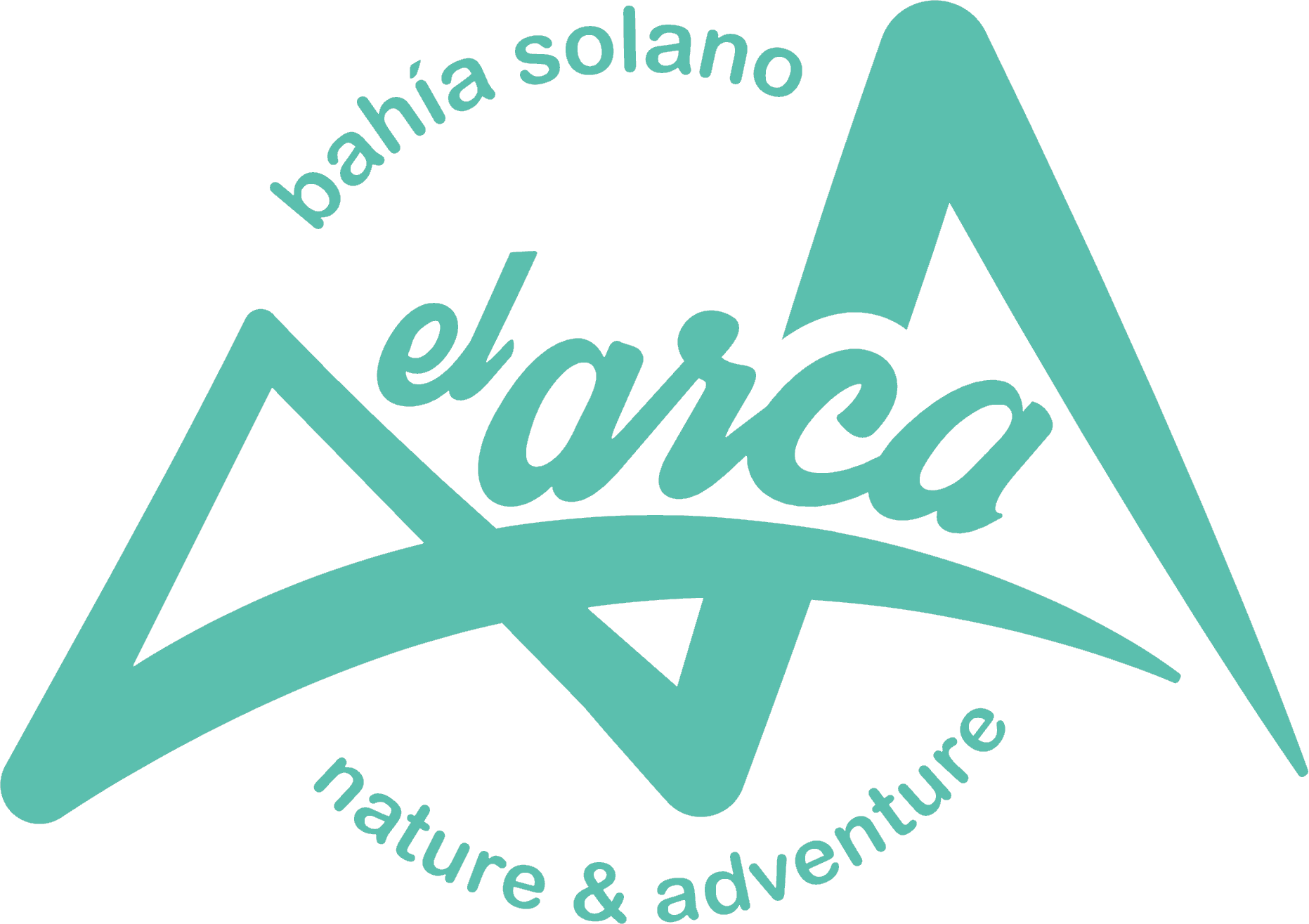 Logo for "El Arca" featuring stylized text and geometric shapes, promoting nature and adventure in Bahía Solano.